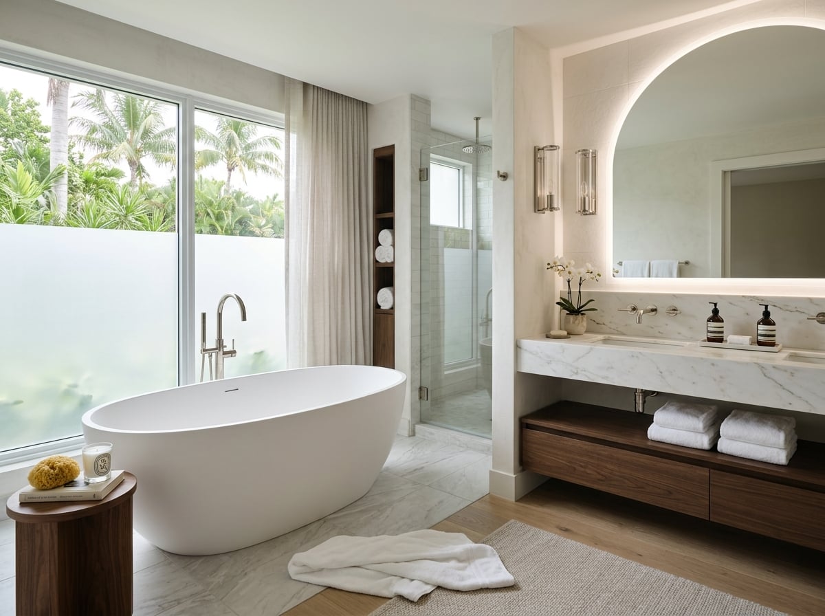 A modern, spacious hotel bathroom with a large bathtub and contemporary fixtures.