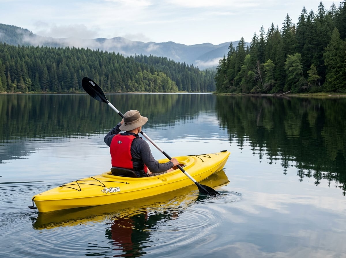 A person kayaking on the calm waters of Lake Tuba.