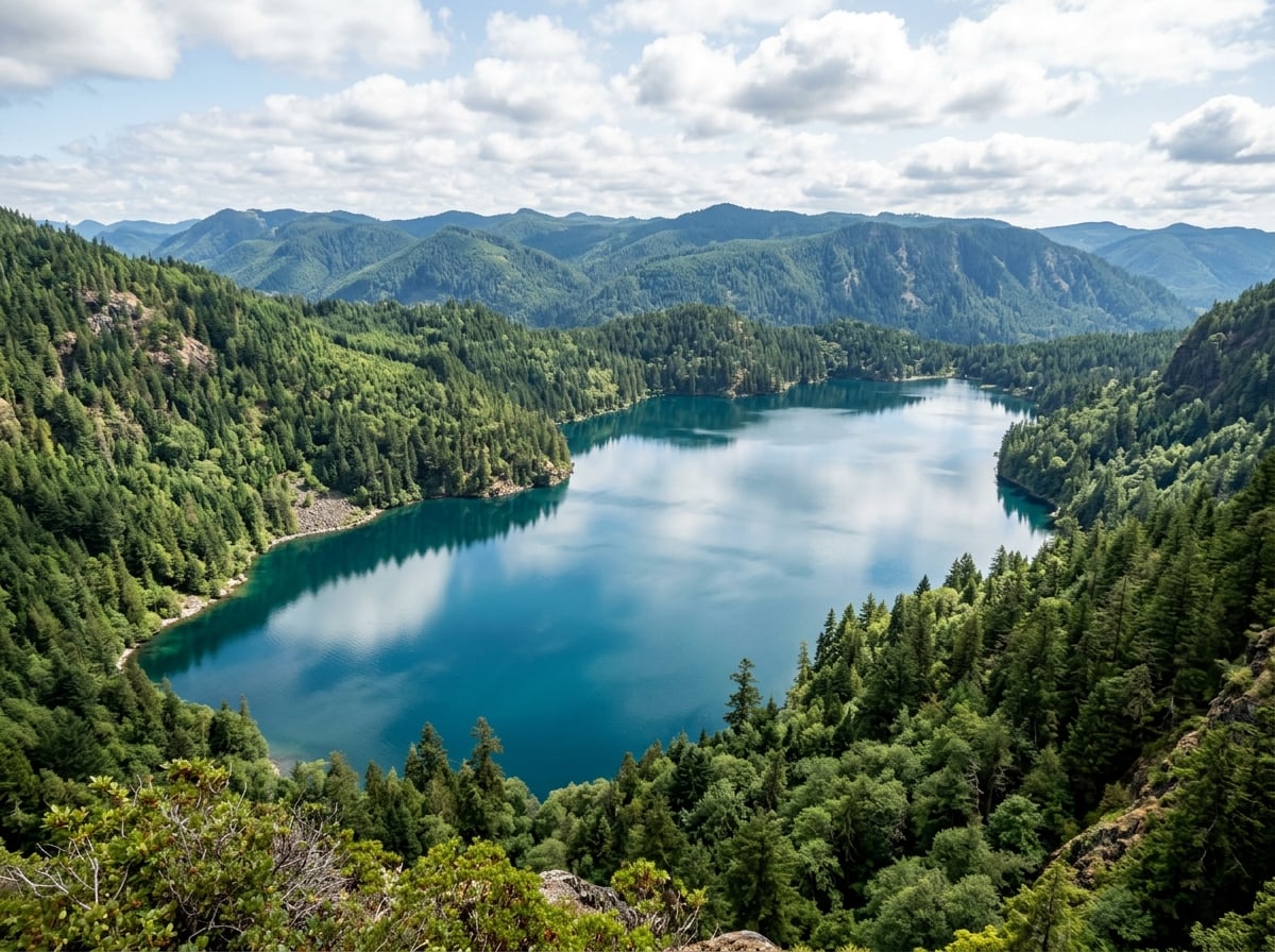 A high-angle view of a serene lake surrounded by dense green forests.