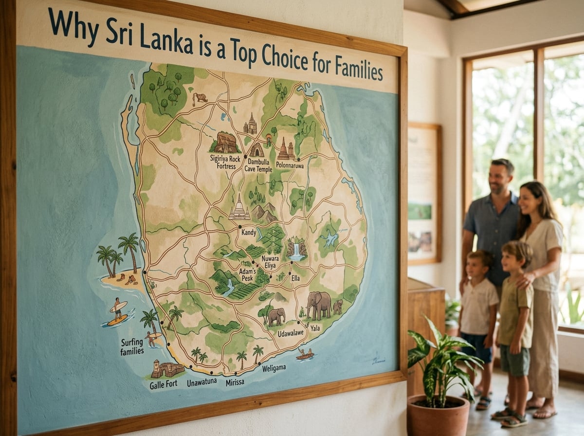 A map of Sri Lanka with major family attractions marked.