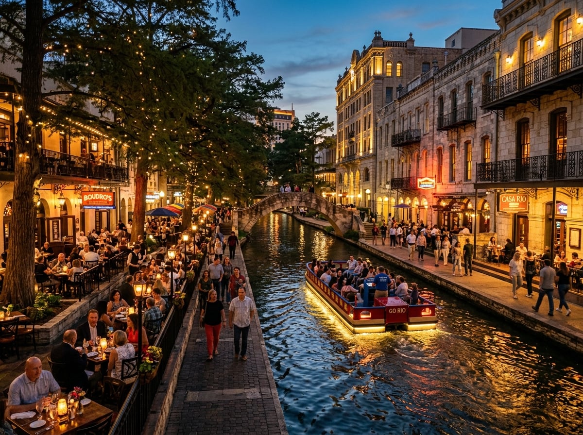 San Antonio River Walk at dusk with illuminated buildings and people dining outdoors.