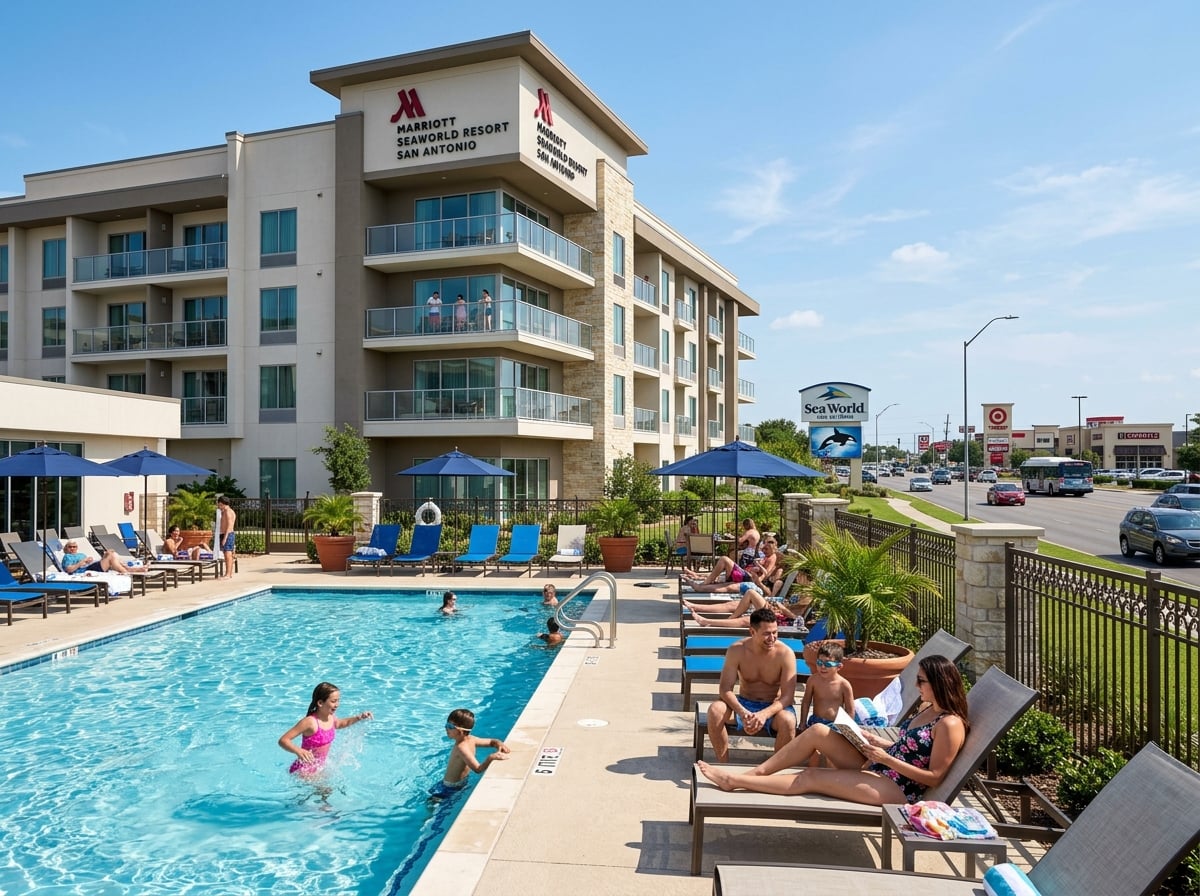 A modern hotel with an outdoor pool, families relaxing, near SeaWorld San Antonio.