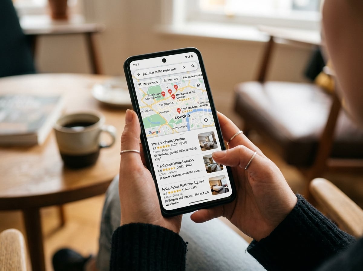 A smartphone displaying a Google Maps search for 'jacuzzi suite near me'.