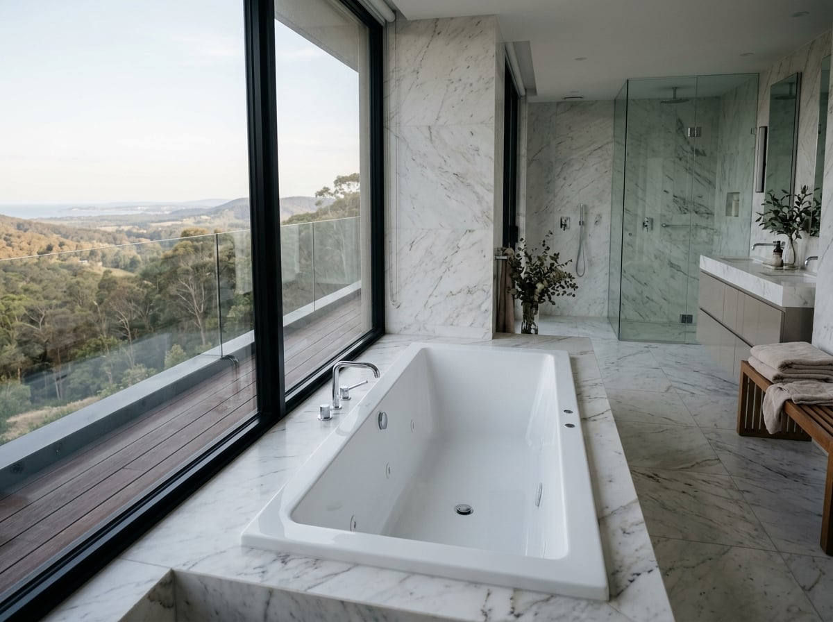 A luxurious hotel bathroom with a large, modern jacuzzi tub next to a window.