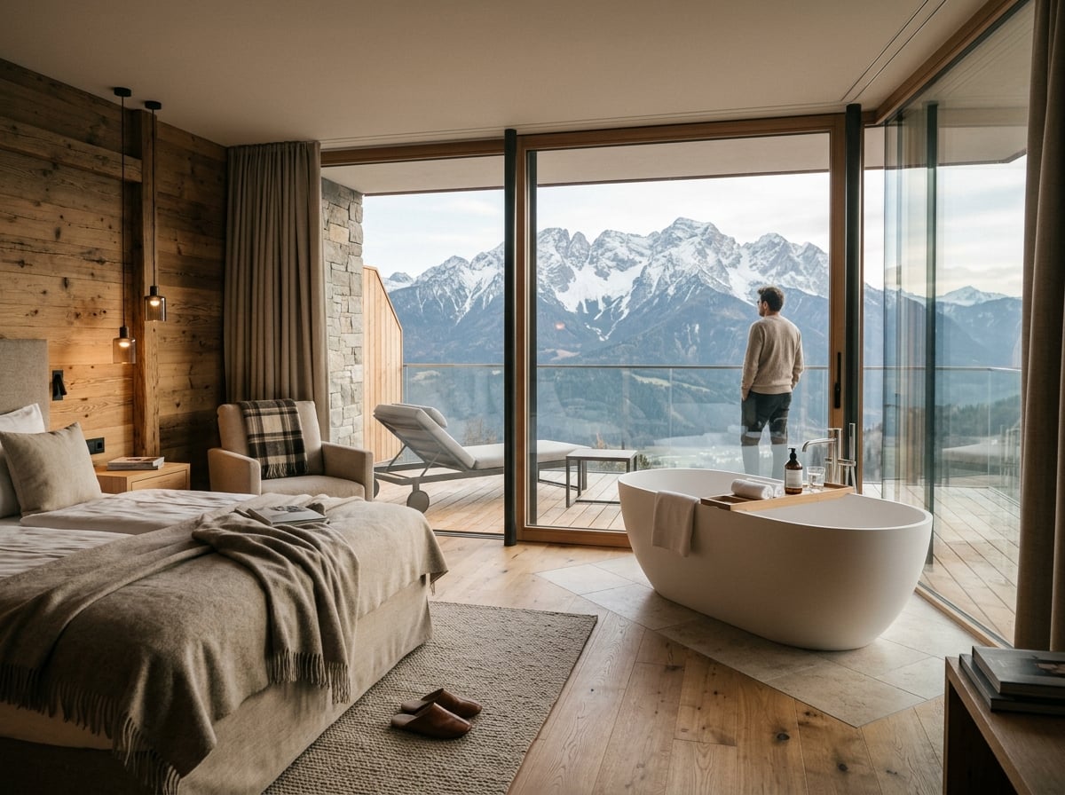 A modern hotel room with a private balcony overlooking the mountains.