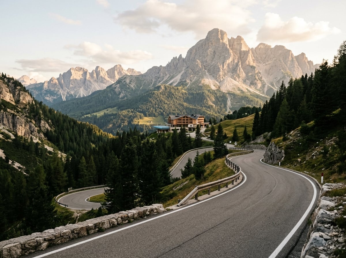 A winding mountain road in the Dolomites leading to a distant hotel.