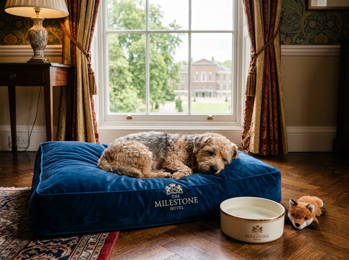 A small dog relaxing in a luxurious hotel room with pet amenities.