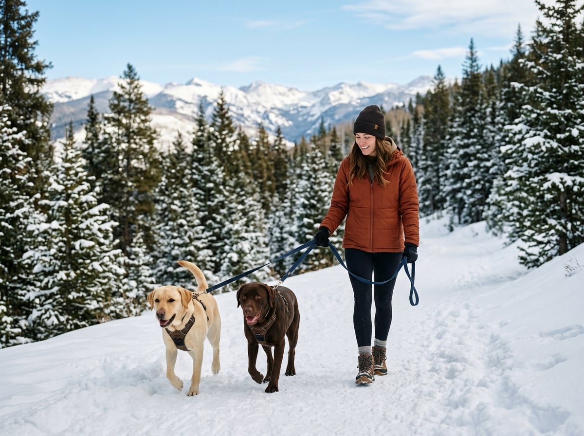 A person walking two Labrador retrievers on a snowy mountain trail.
