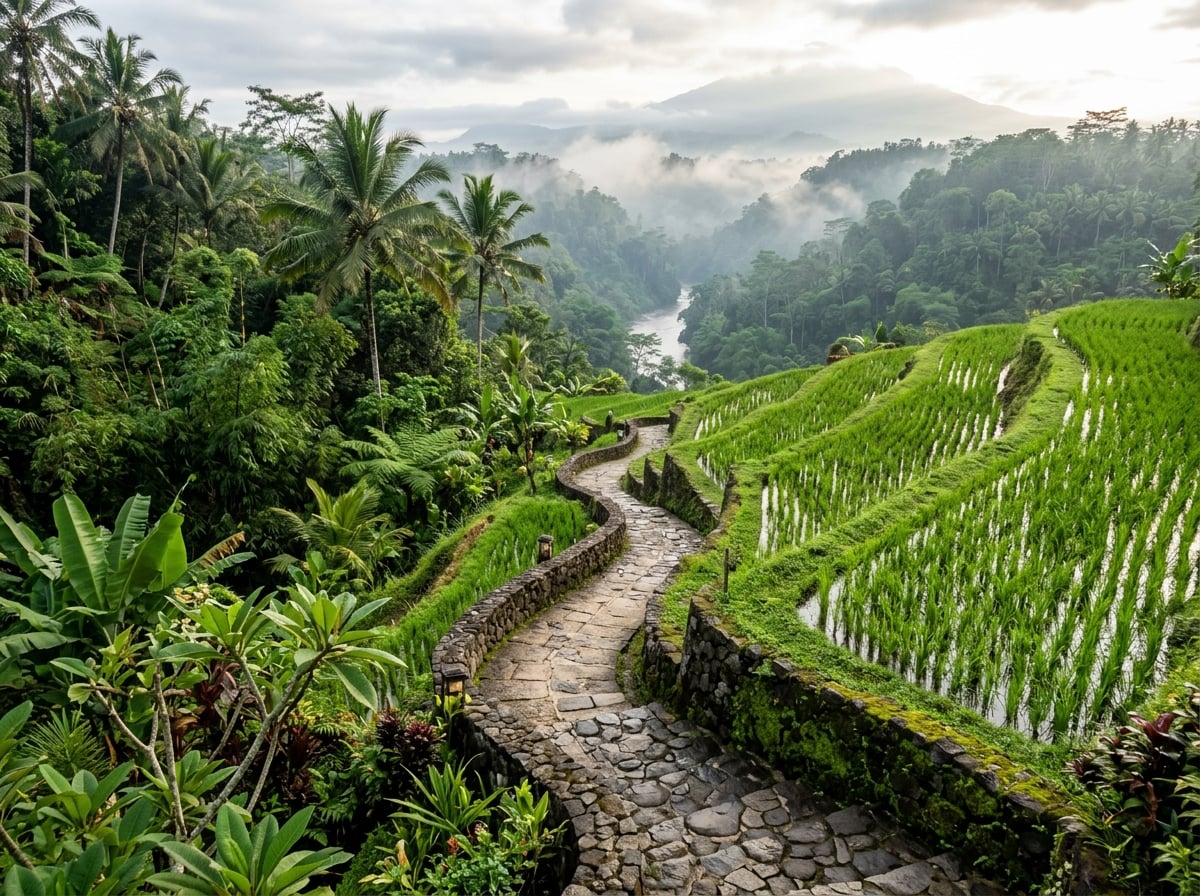 An elevated view of a luxury resort's pathway winding through terraced rice paddies and tropical jungle.