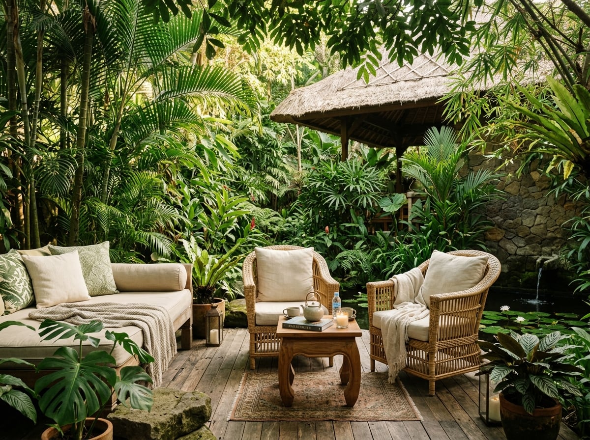 A tranquil private outdoor lounge area within a luxury resort, surrounded by tropical plants, emphasizing privacy.