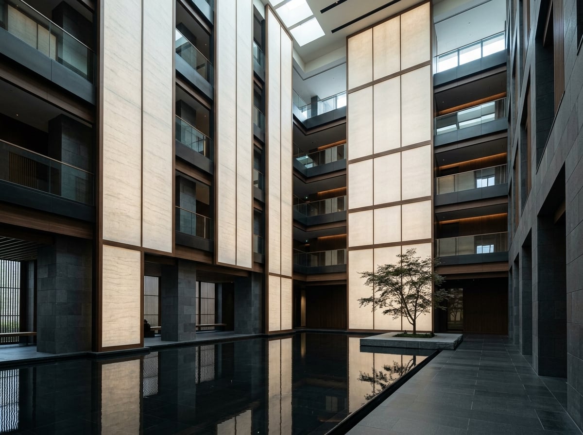 A serene six-story atrium lobby in Aman Tokyo with washi paper screens.