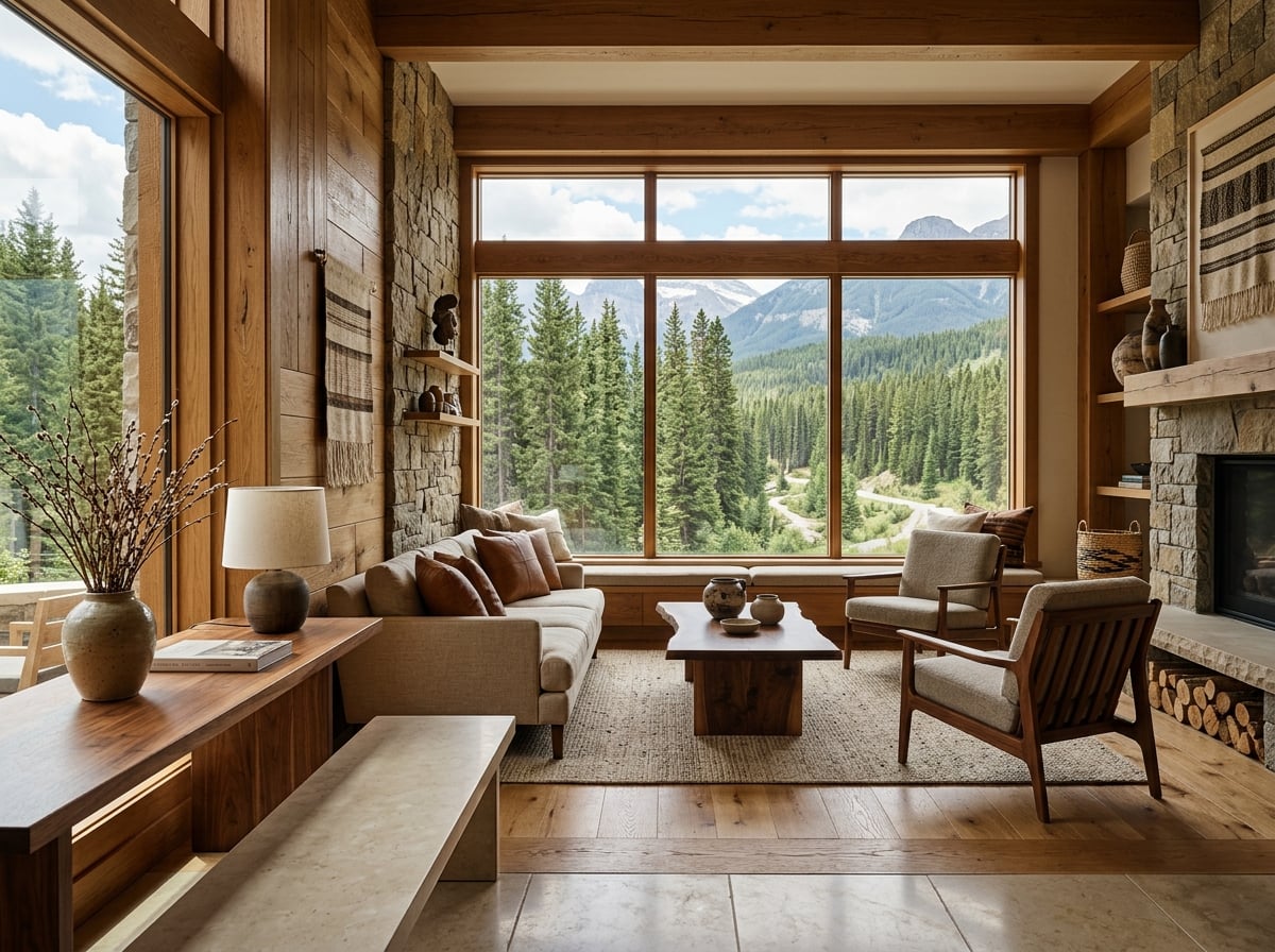 A hotel lobby with natural wood, stone, and a large window.