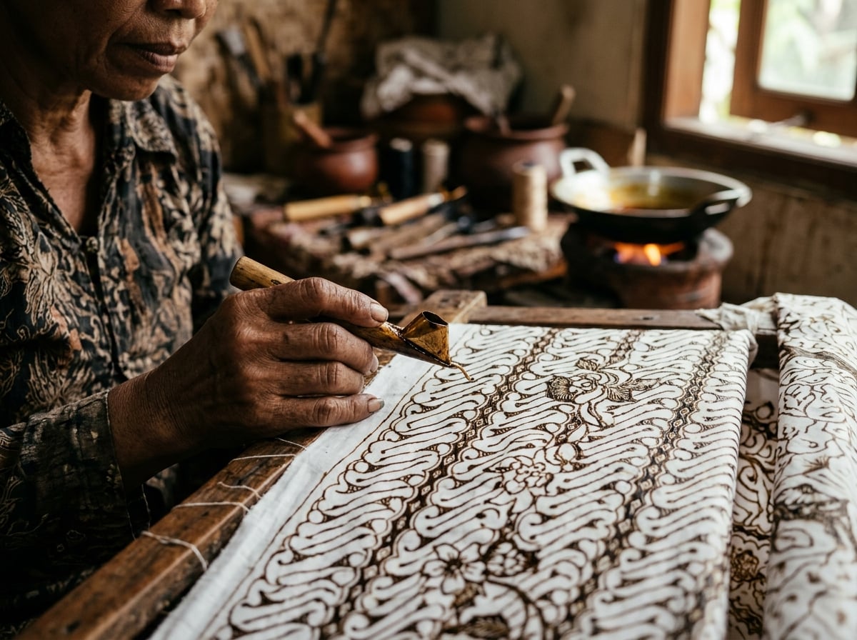 A craftsman working on a traditional batik fabric in Jakarta.