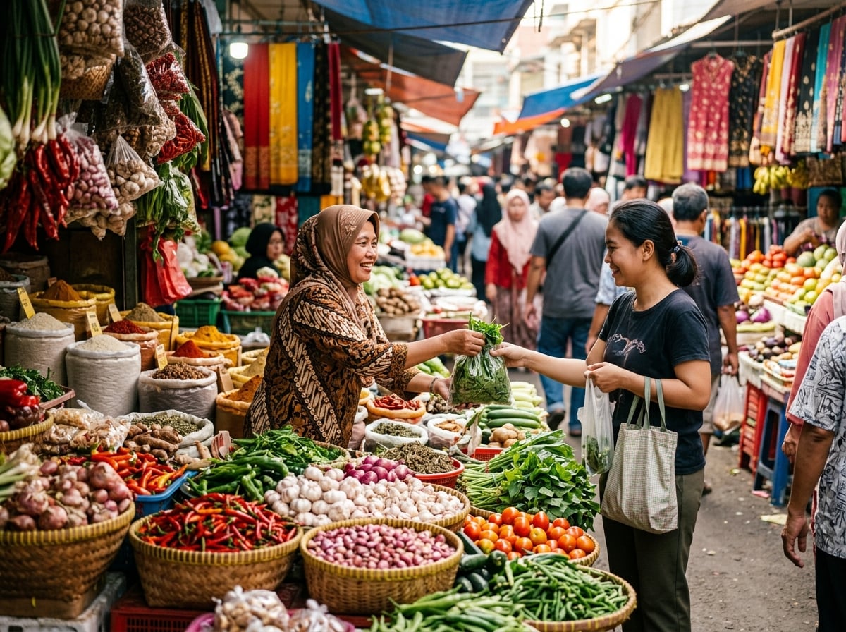 A crowded traditional market stall in Jakarta selling fresh produce and goods.