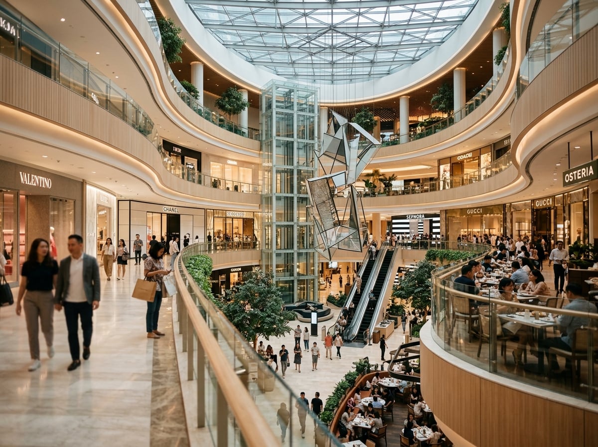 Interior of a luxury mall in Jakarta with high ceilings and designer storefronts.