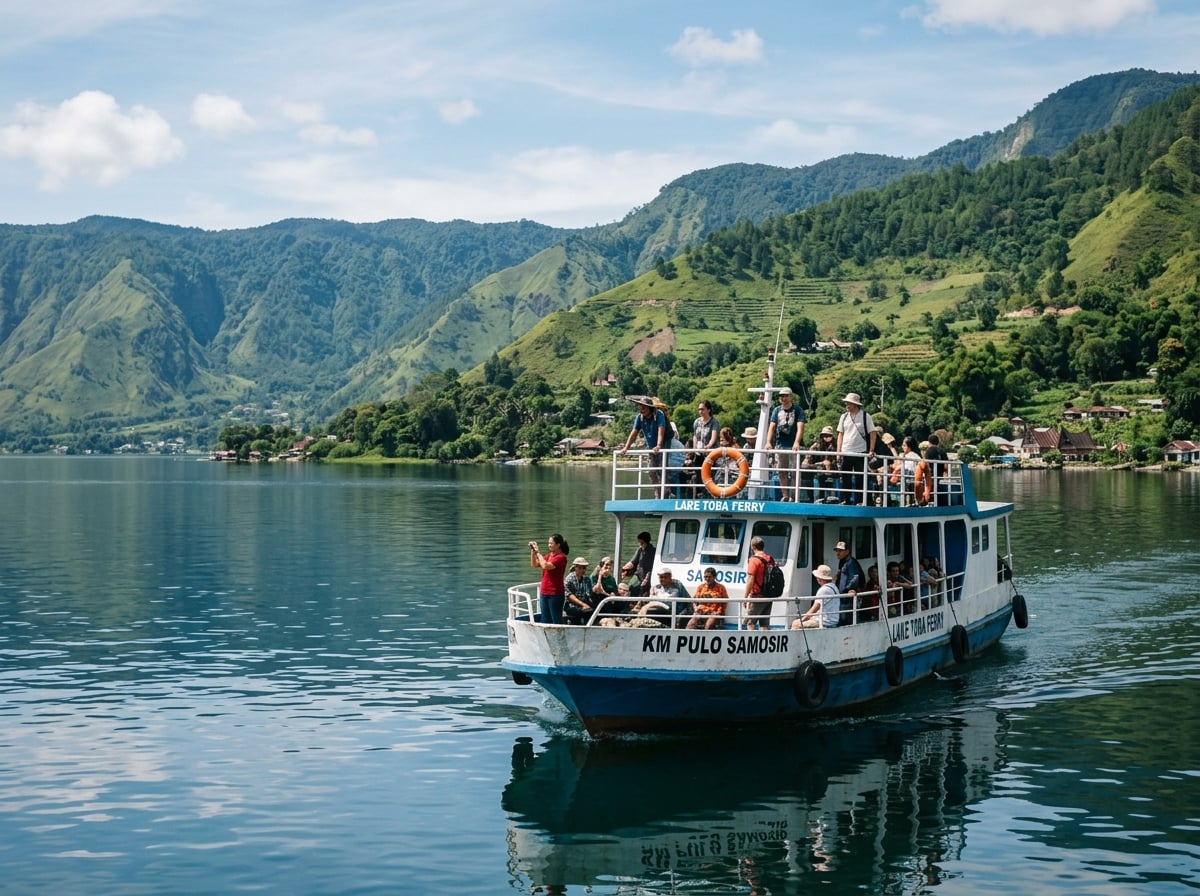 A passenger ferry crossing Lake Toba with distant hills.