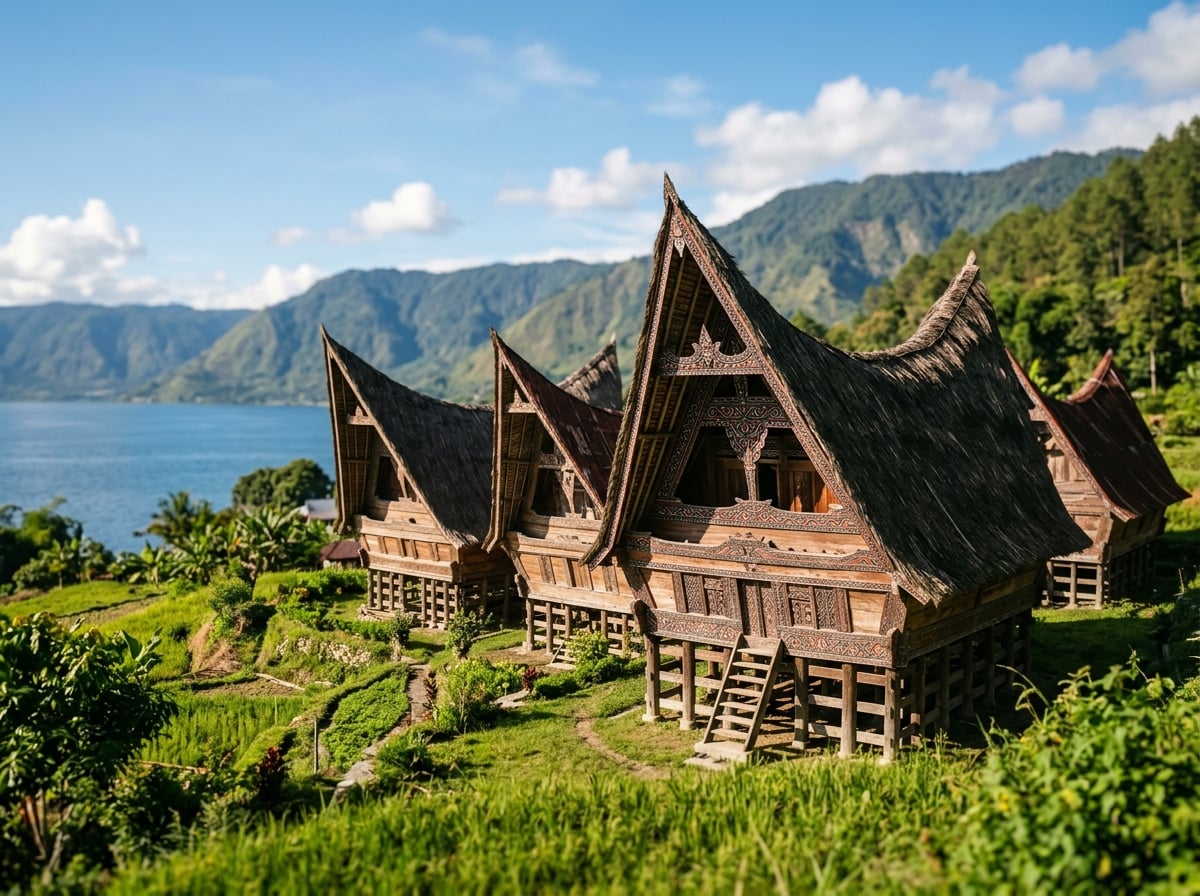 Traditional Batak houses on Samosir Island with distinctive curved roofs.