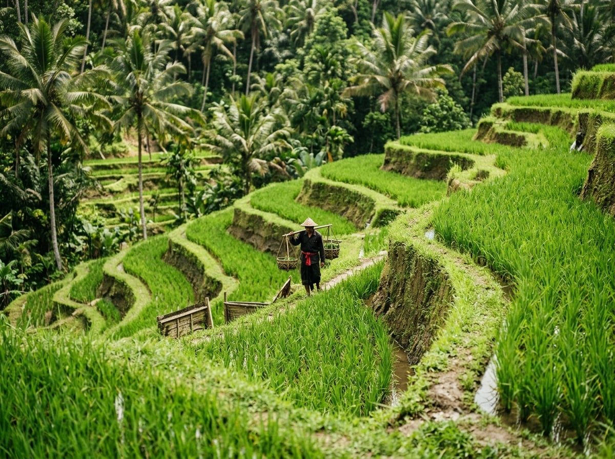 Vibrant green Tegalalang Rice Terraces with palm trees in the background under natural sunlight.