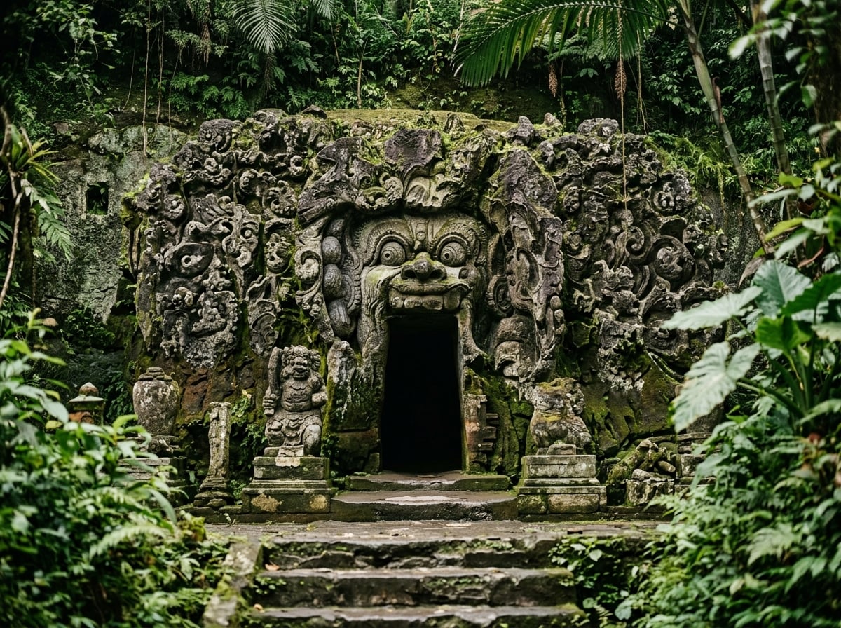 The ancient entrance to Goa Gajah, the Elephant Cave temple, carved into a rock face with lush vegetation.