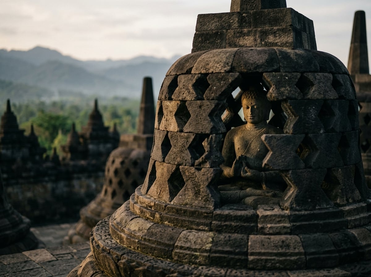 Close-up of a bell-shaped stupa at Borobudur temple, revealing intricate stone carvings.