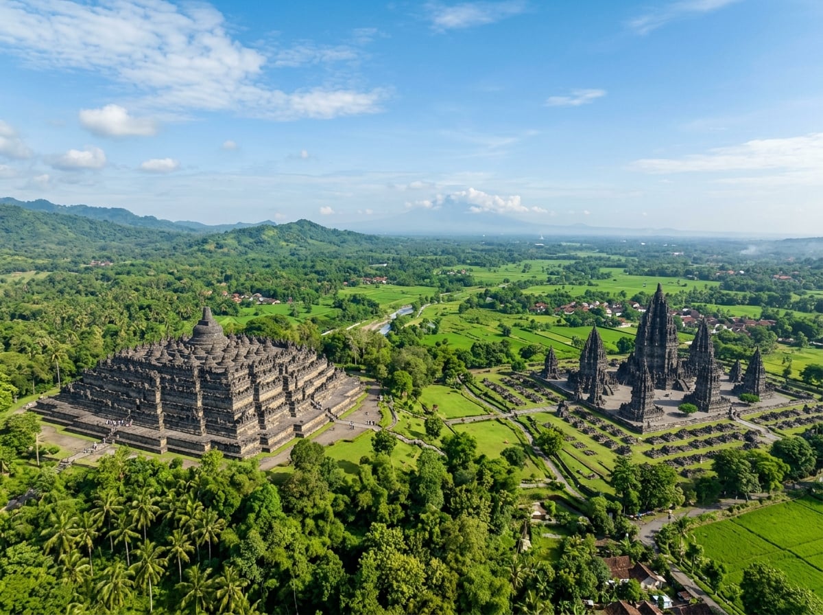 A panoramic view showcasing both Borobudur and Prambanan temple complexes in Java.