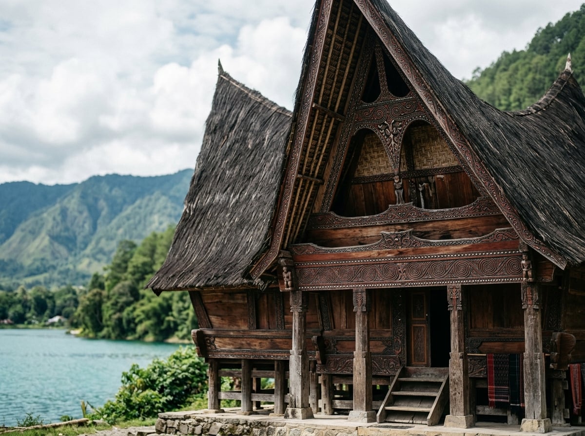 A traditional Batak house with its distinctive saddleback roof by Lake Toba.