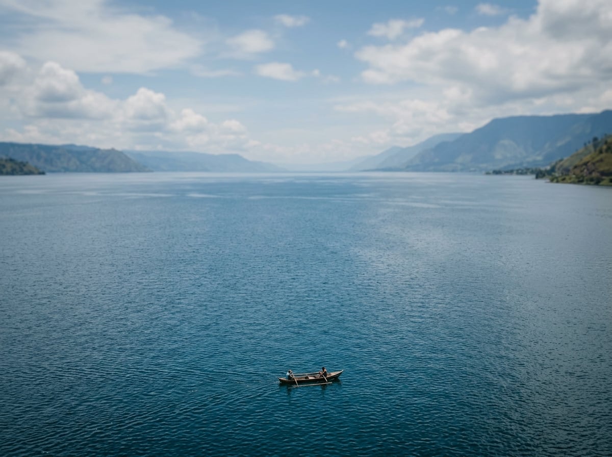 An expansive view of Lake Toba showing its large scale, with a small boat on the water and distant shorelines.