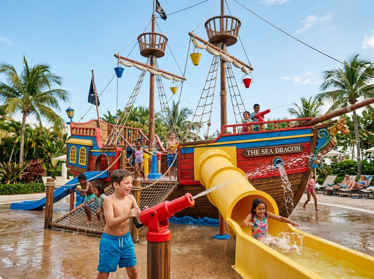 Kids playing on a large pirate ship structure in a waterpark.