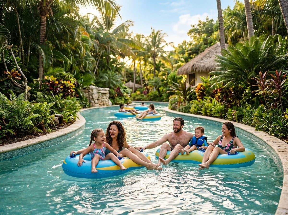 Kids and parents enjoying a lazy river at a Caribbean resort.