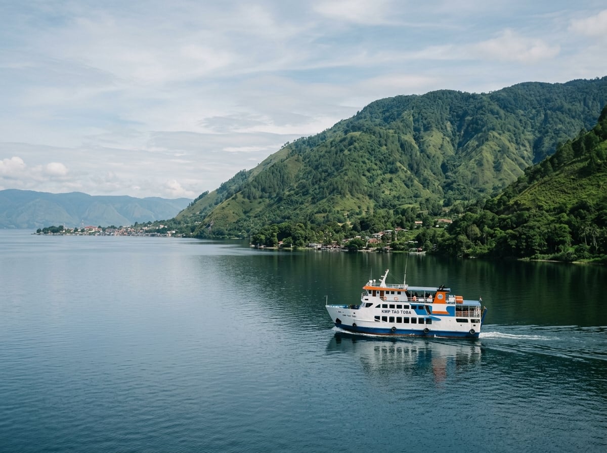 A ferry boat approaching the shore of Samosir Island from Parapat.