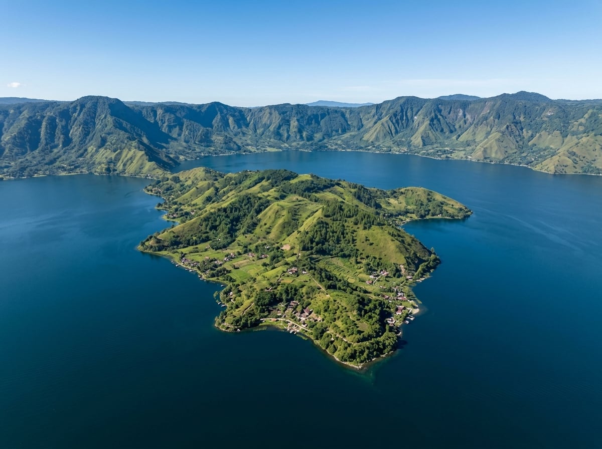 Aerial view of Lake Toba's caldera, showing the vast lake and Samosir Island.