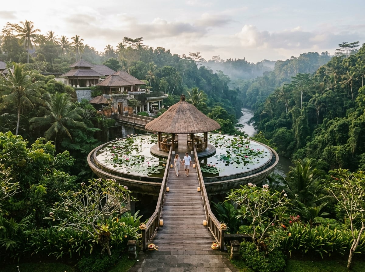 The iconic lotus pond entrance of Four Seasons Sayan.