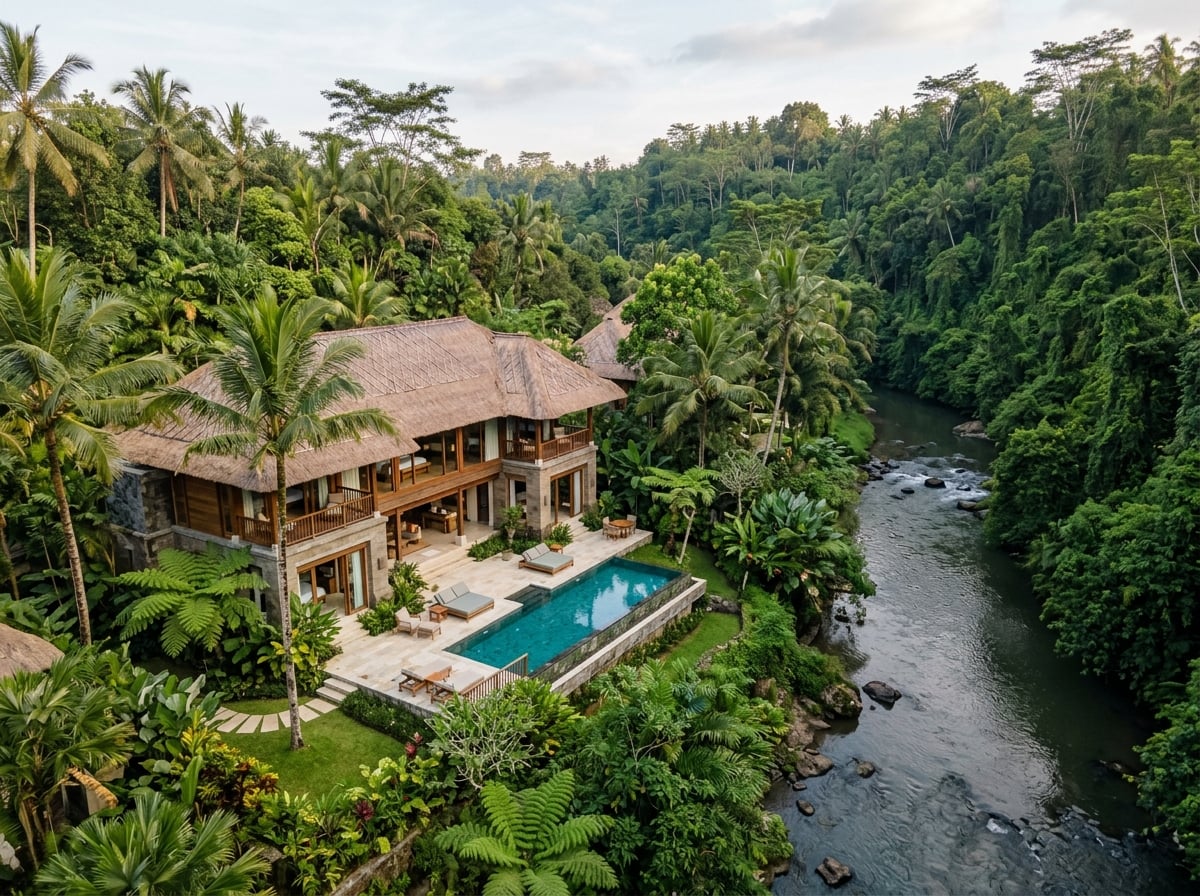 A secluded luxury villa at Mandapa beside the Ayung River.