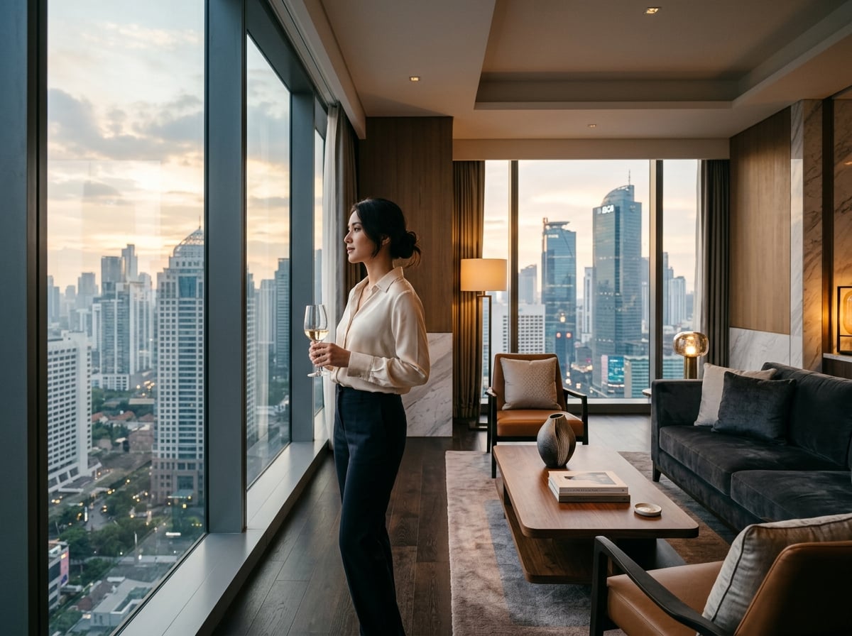 A modern hotel suite with a panoramic city view from floor-to-ceiling windows.