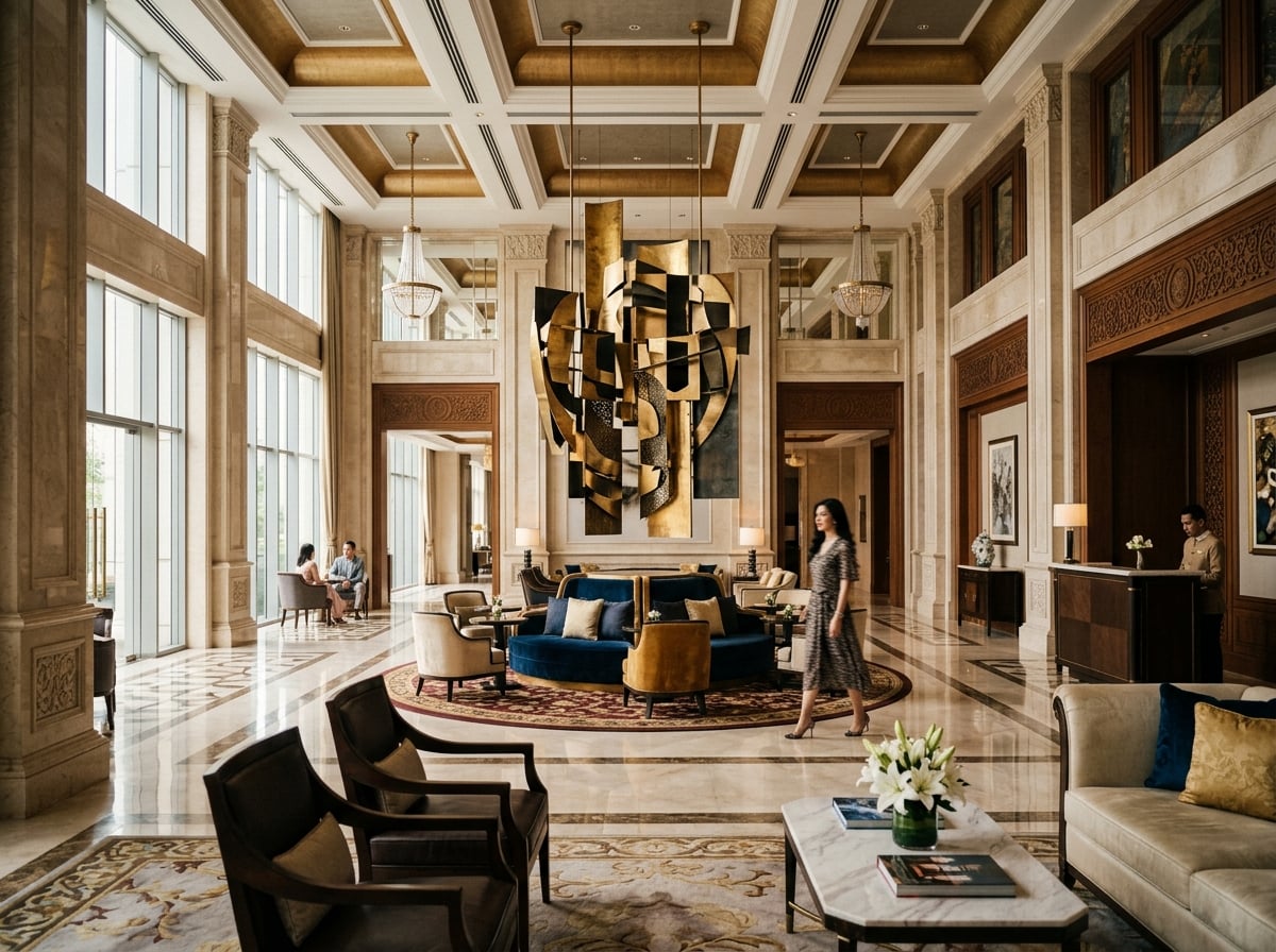 A grand hotel lobby with high ceilings and large-scale art installations.