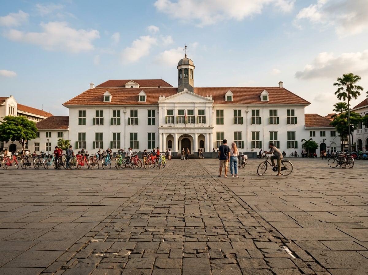 Historic Dutch colonial buildings surrounding Fatahillah Square in Jakarta's Kota Tua.