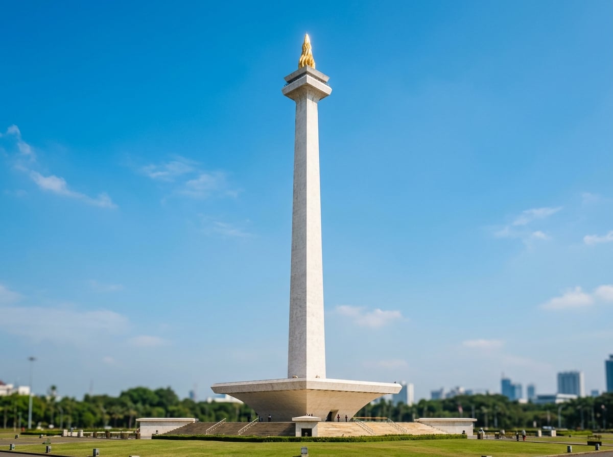 The National Monument (Monas) obelisk against a blue sky in Jakarta.
