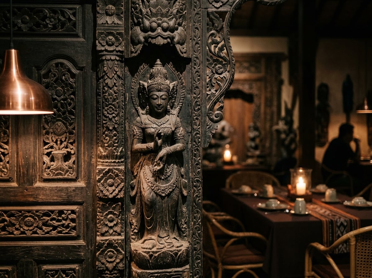 A close-up of an antique Javanese statue in a dimly lit restaurant dining room.