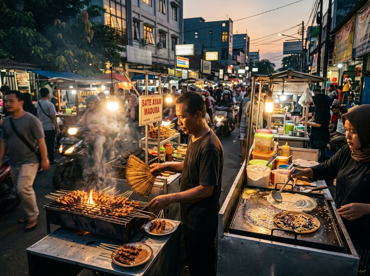 Street food vendors preparing sate ayam and martabak in Jakarta.
