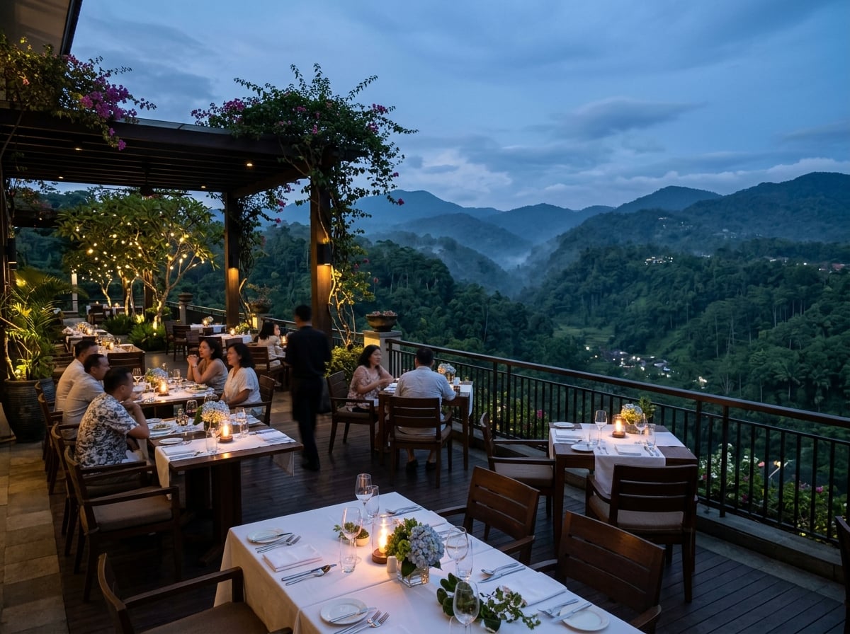 Elegant outdoor dining area overlooking a lush green valley in Bandung.