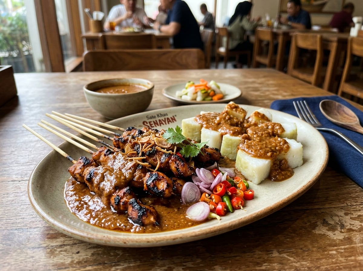 Platter of Indonesian chicken satay with peanut sauce, rice cakes, and pickled vegetables.