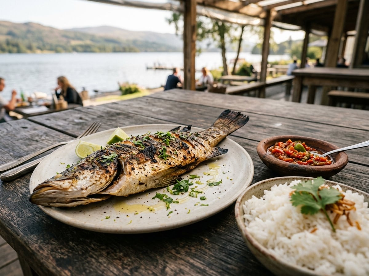 A plate of grilled fish served with sambal and rice at a lakeside restaurant.