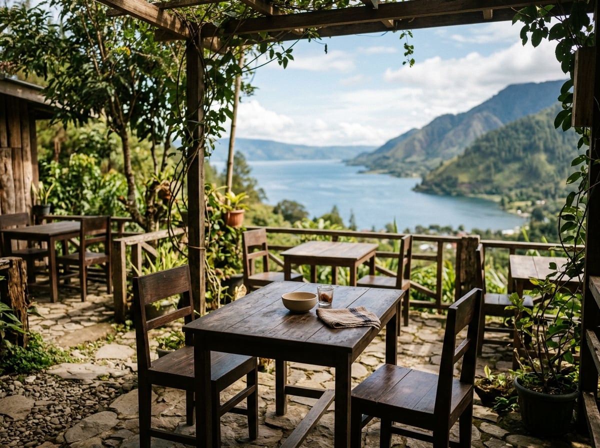 A small, inviting outdoor restaurant patio with a table set for dining, overlooking Lake Toba.