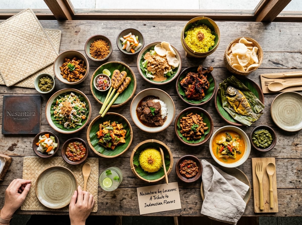An array of small, colorful Indonesian dishes served on a communal table.