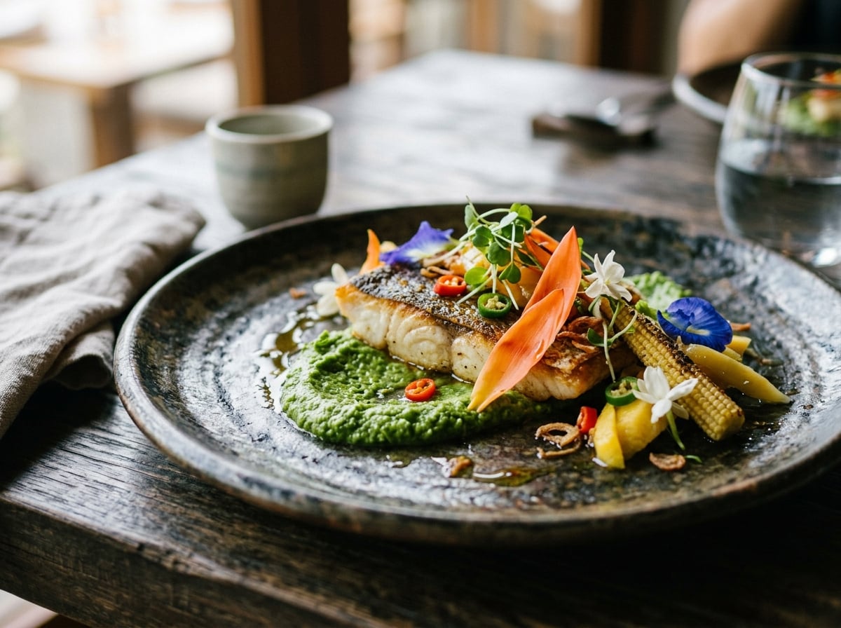 A close-up of a beautifully plated dish featuring local Balinese ingredients.