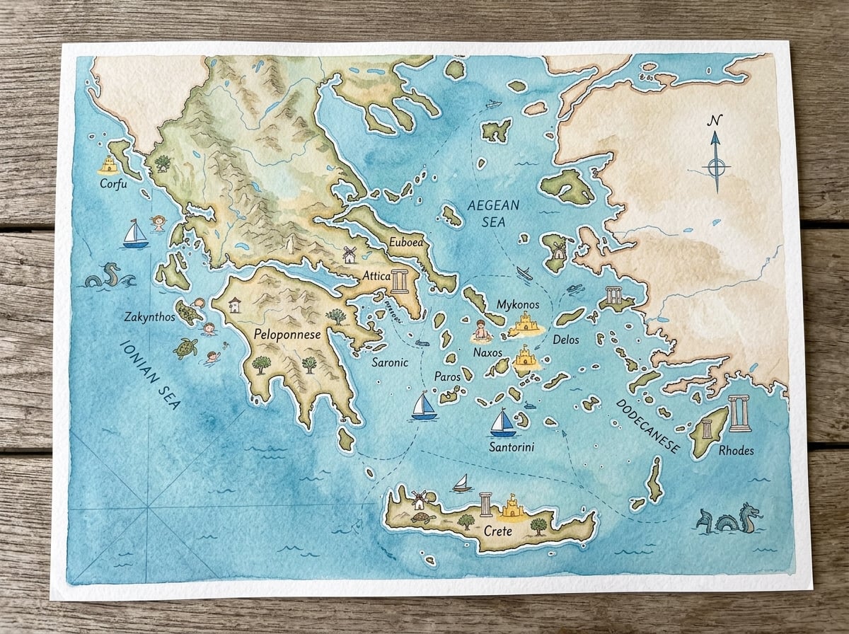 A vibrant map of the Greek islands with various family-friendly icons.
