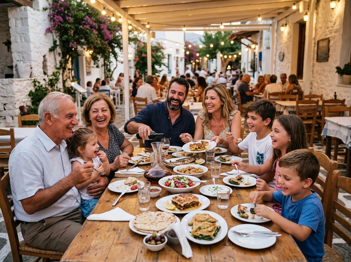 A Greek family having a meal together at an outdoor taverna.