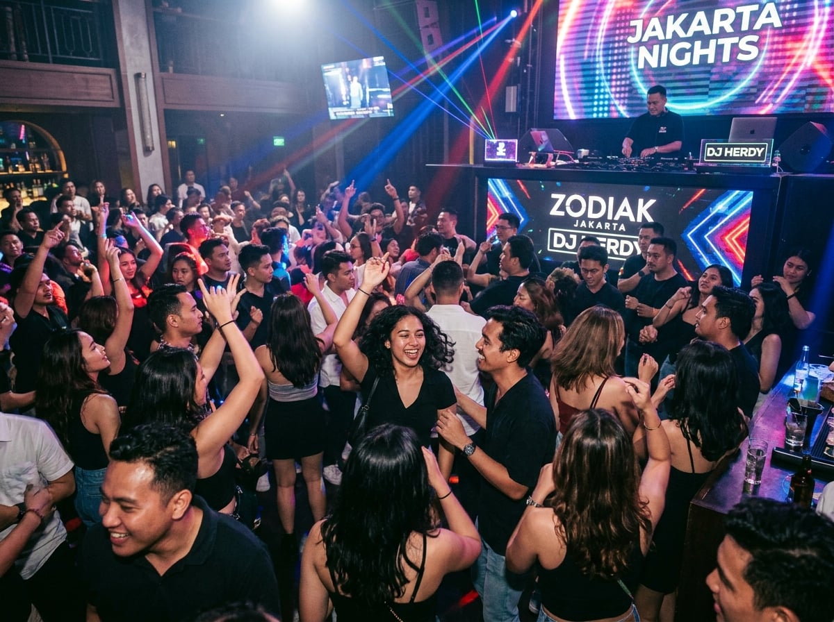 A crowded nightclub dance floor in Jakarta with colorful lights.