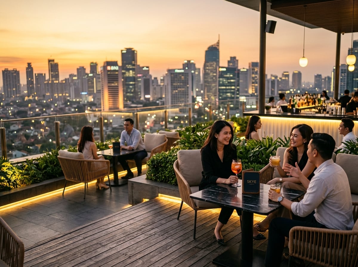 A high-end rooftop bar in Jakarta at dusk with a view of the city skyline.