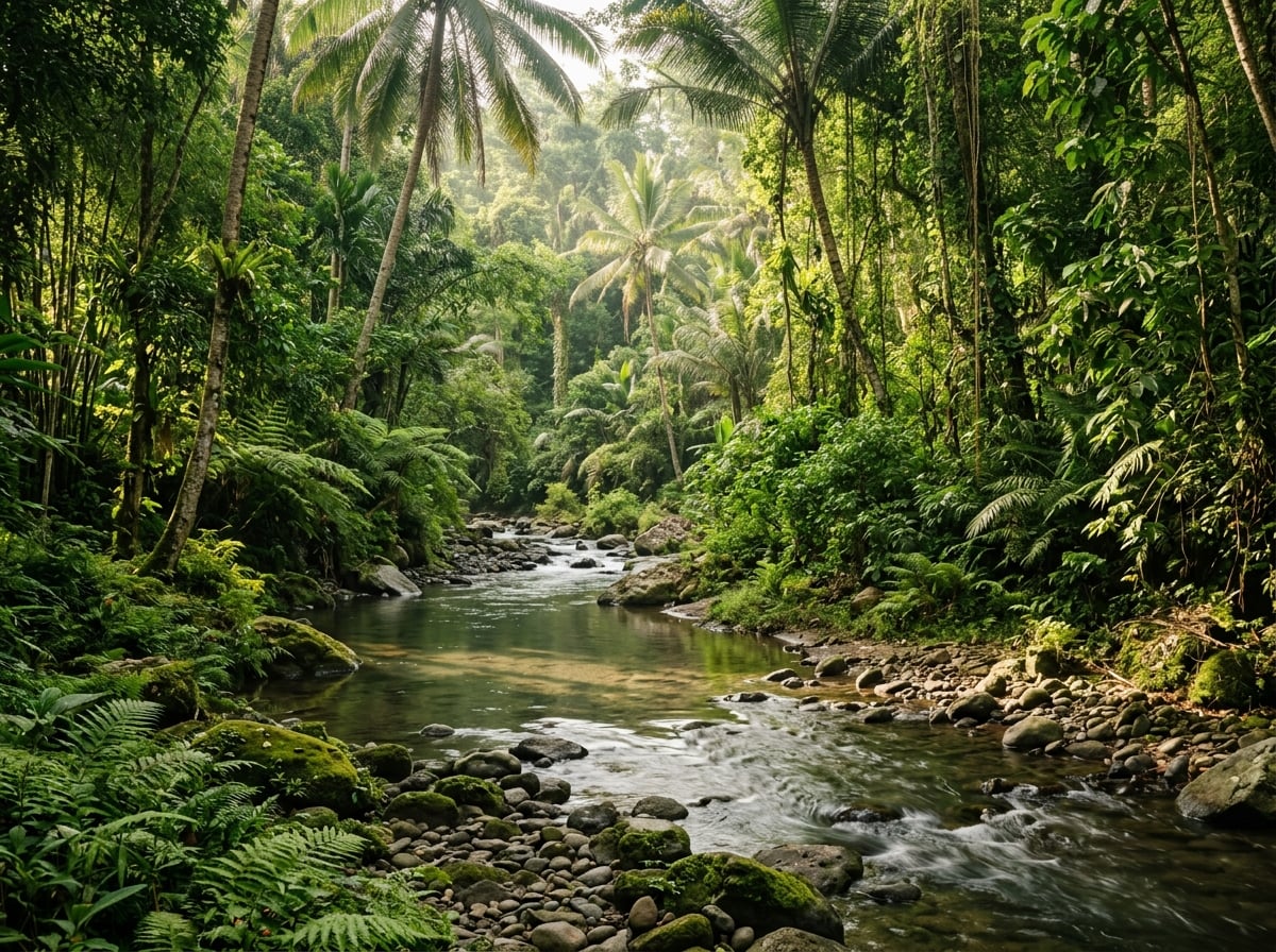A serene view of a flowing river through a dense jungle in Ubud.